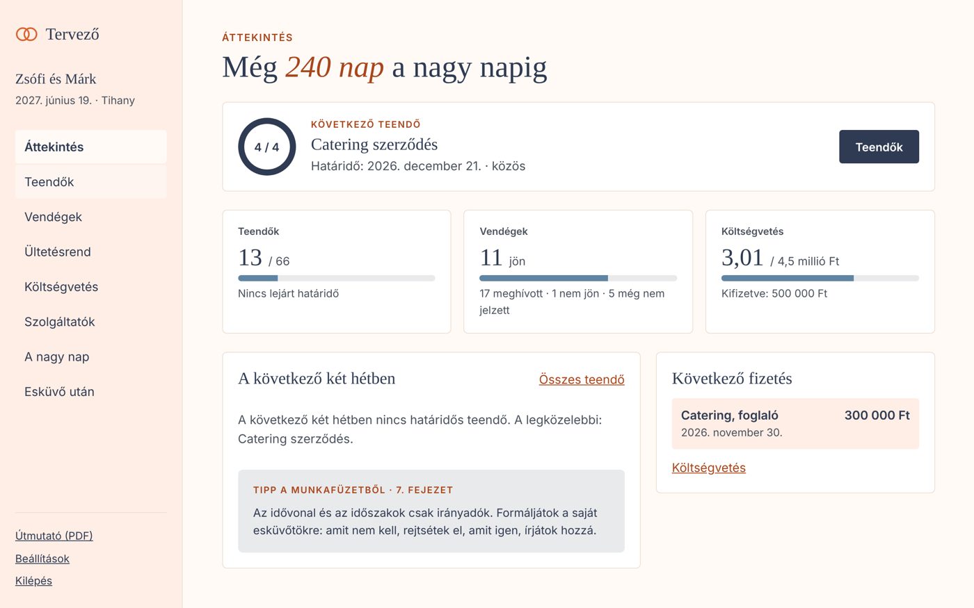 Az online esküvőtervező áttekintő oldala: teendők, vendéglista, költségvetés.