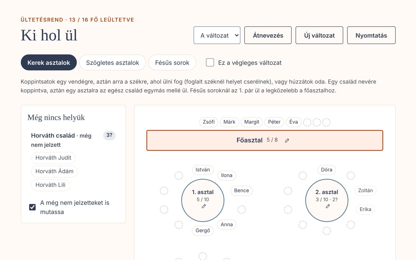 A Tervező ültetésrendje kerek asztalokkal