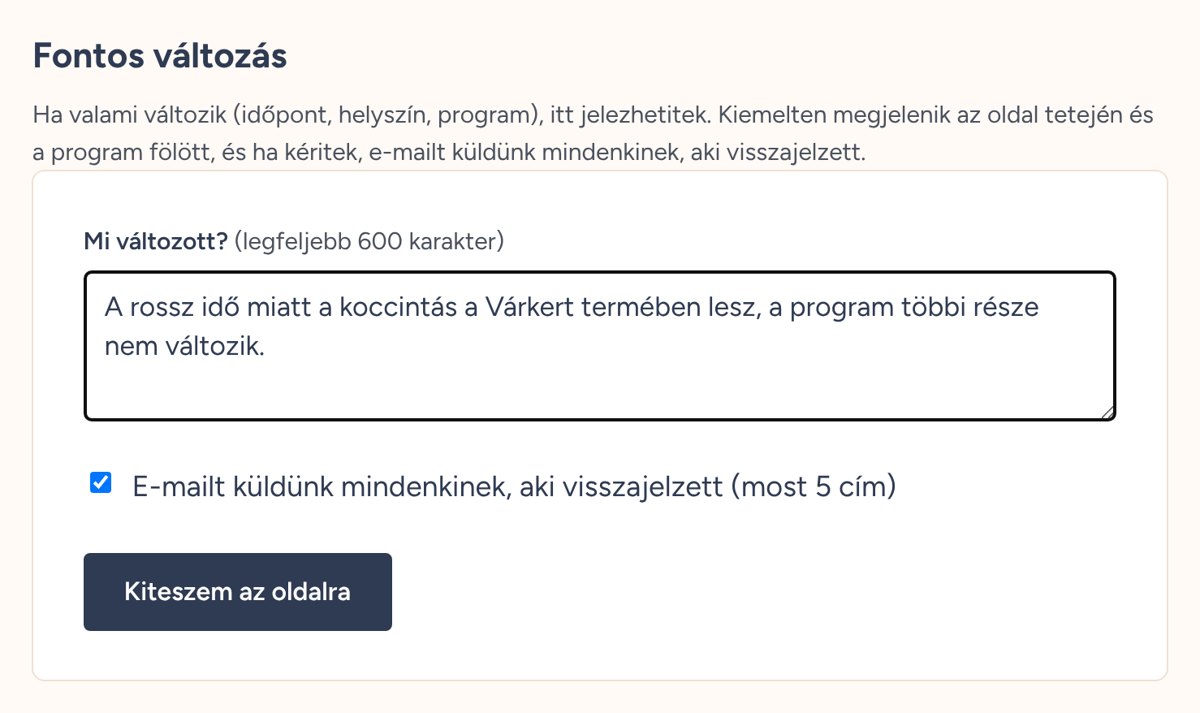 Fontos változás kitétele a kezelőoldalon, e-mail-értesítéssel a vendégeknek.